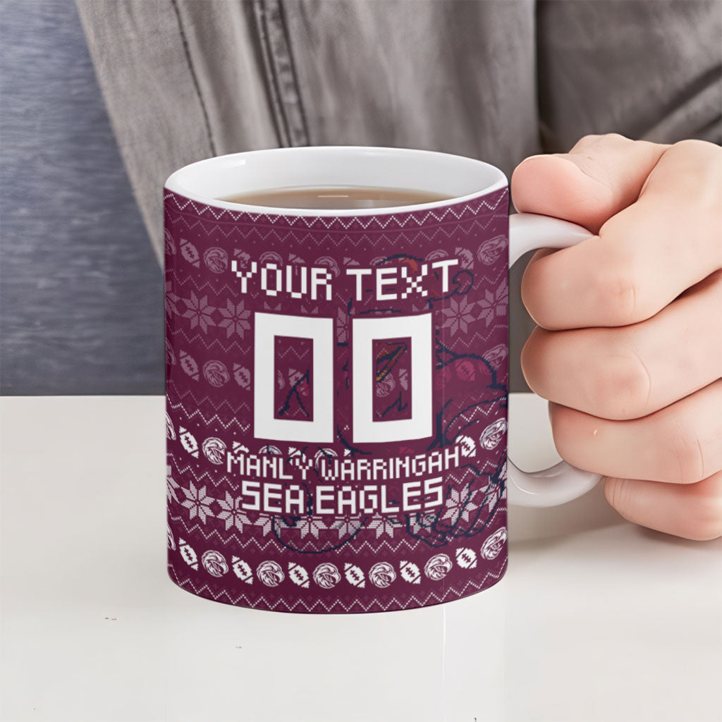 Personalized Sea Eagles Christmas Ceramic Mug Australian Rugby Fans - Pixelated Ugly Xmas Pattern Mascot Santa