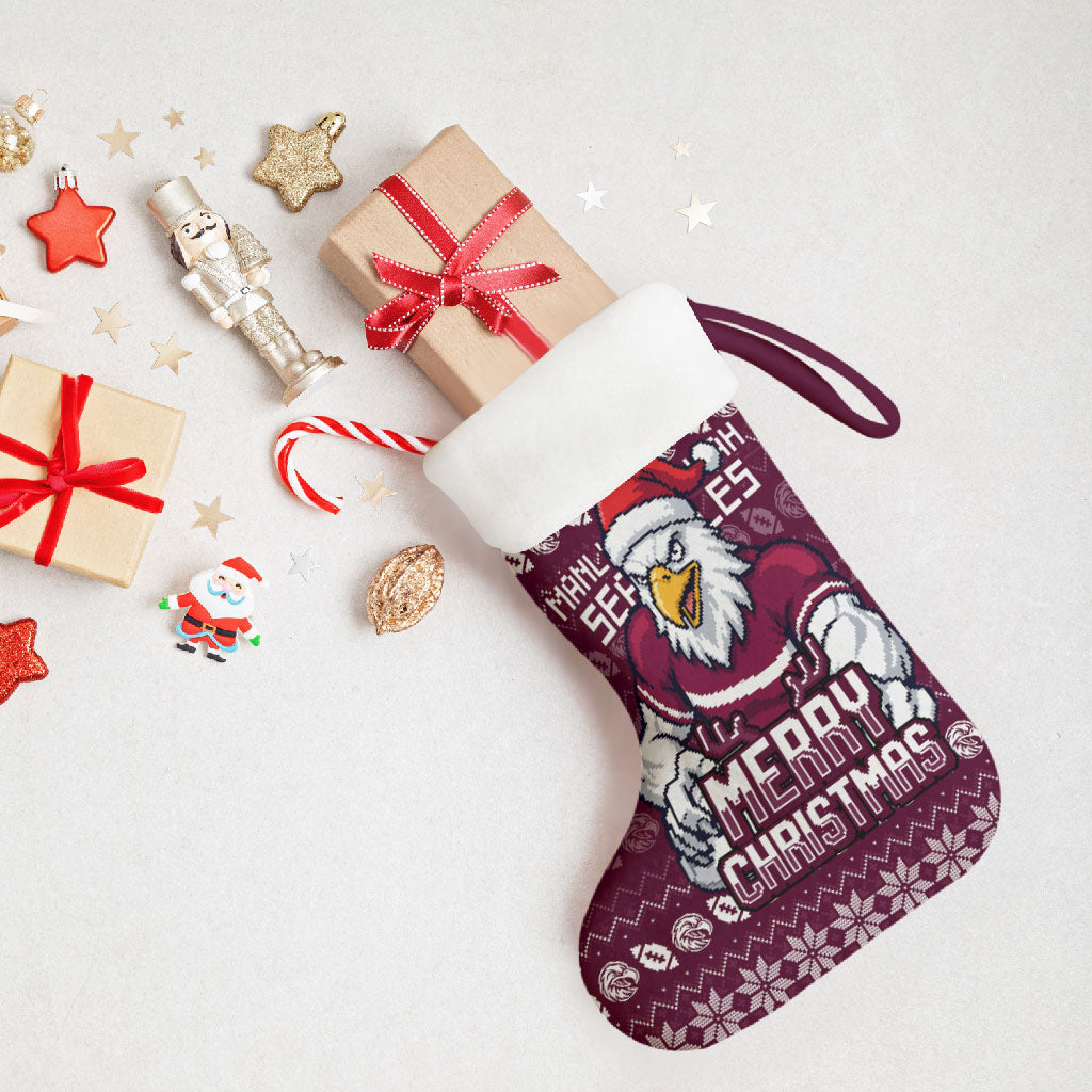 Sea Eagles Christmas Stocking Australian Rugby Fans - Pixelated Ugly Xmas Pattern Mascot Santa