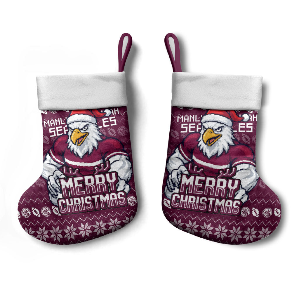 Sea Eagles Christmas Stocking Australian Rugby Fans - Pixelated Ugly Xmas Pattern Mascot Santa