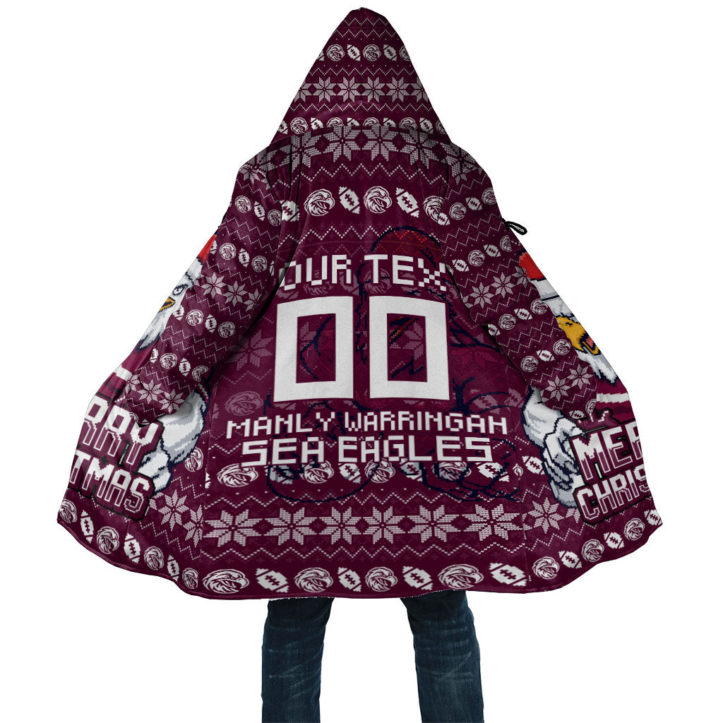 Personalized Sea Eagles Christmas Cloak Australian Rugby Fans - Pixelated Ugly Xmas Pattern Mascot Santa