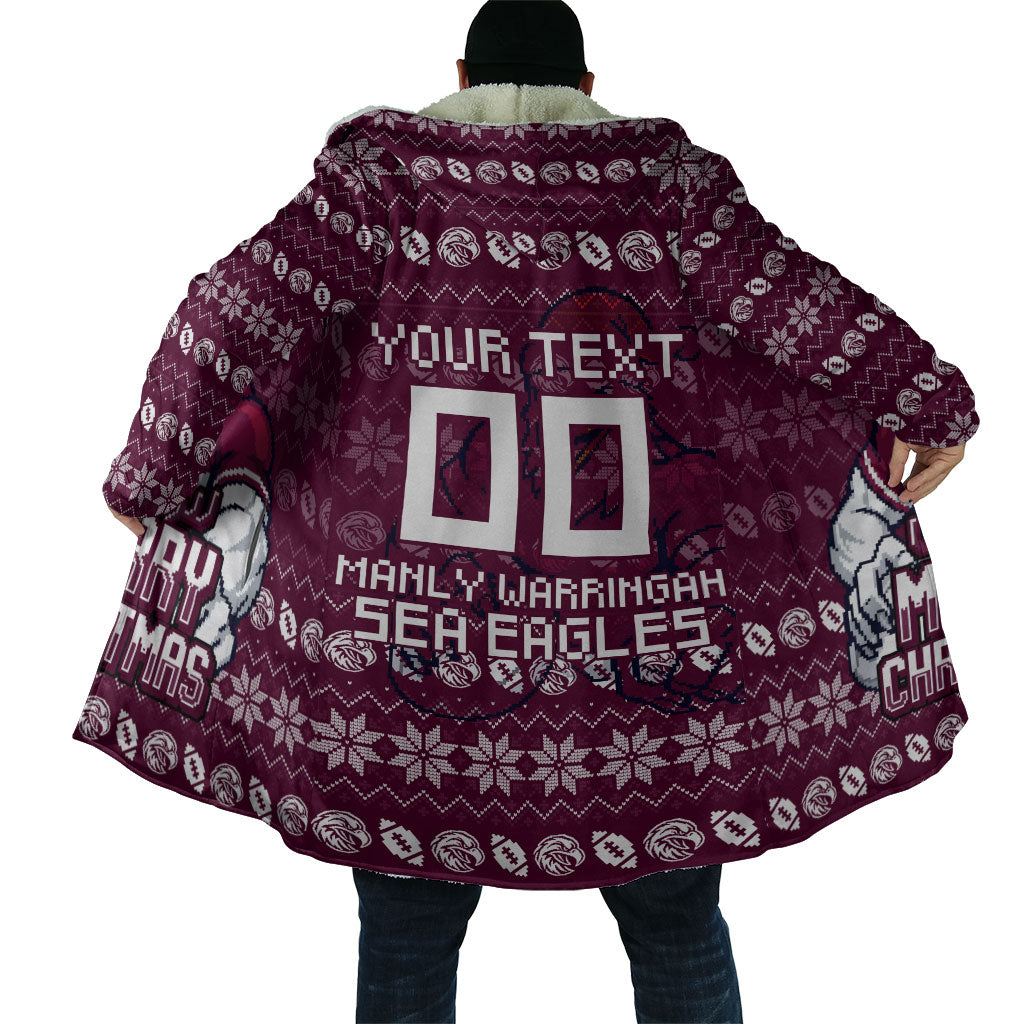 Personalized Sea Eagles Christmas Cloak Australian Rugby Fans - Pixelated Ugly Xmas Pattern Mascot Santa