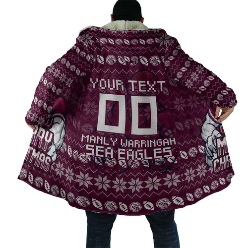 Personalized Sea Eagles Christmas Cloak Australian Rugby Fans - Pixelated Ugly Xmas Pattern Mascot Santa