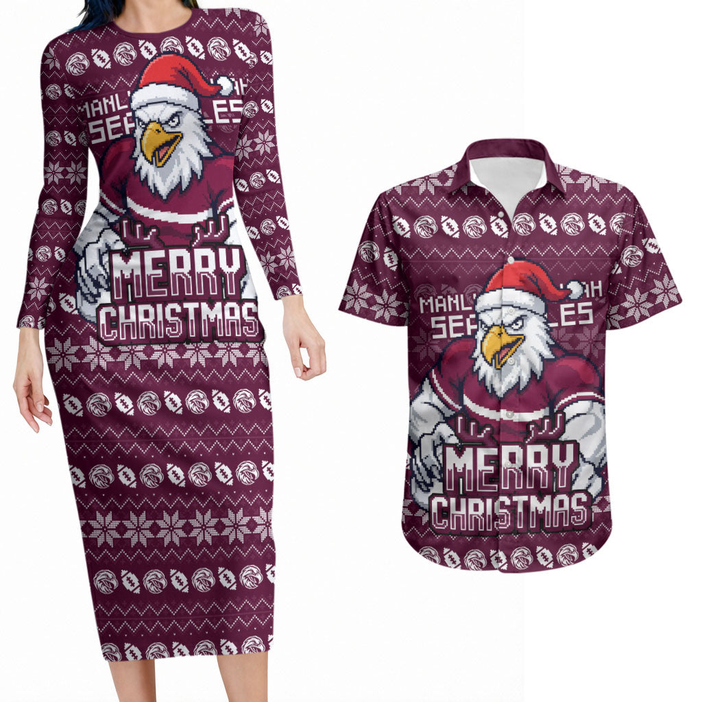 Personalized Sea Eagles Christmas Couples Matching Long Sleeve Bodycon Dress and Hawaiian Shirt Australian Rugby Fans - Pixelated Ugly Xmas Pattern Mascot Santa