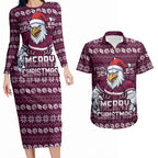Personalized Sea Eagles Christmas Couples Matching Long Sleeve Bodycon Dress and Hawaiian Shirt Australian Rugby Fans - Pixelated Ugly Xmas Pattern Mascot Santa