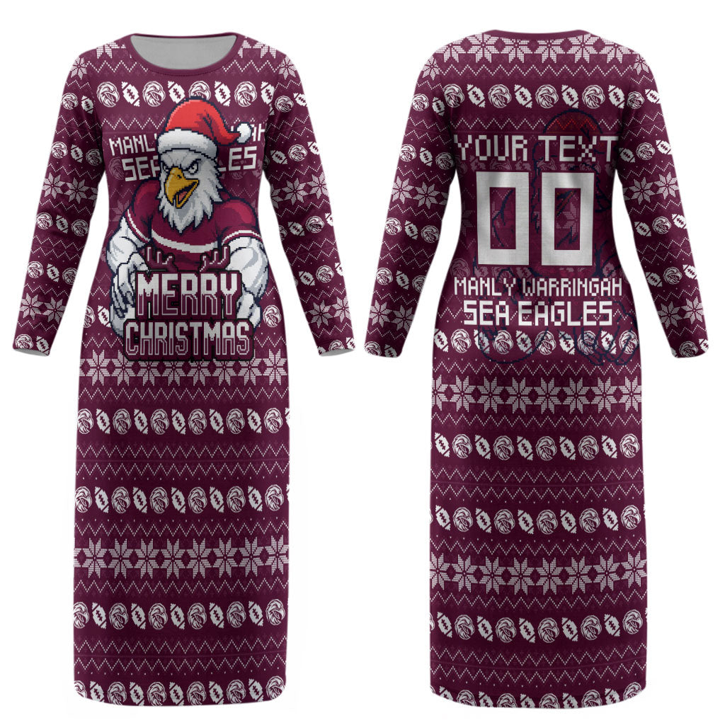Personalized Sea Eagles Christmas Couples Matching Long Sleeve Bodycon Dress and Hawaiian Shirt Australian Rugby Fans - Pixelated Ugly Xmas Pattern Mascot Santa