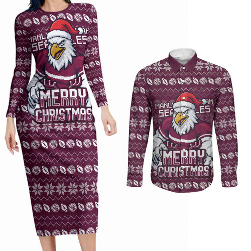 Personalized Sea Eagles Christmas Couples Matching Long Sleeve Bodycon Dress and Long Sleeve Button Shirt Australian Rugby Fans - Pixelated Ugly Xmas Pattern Mascot Santa