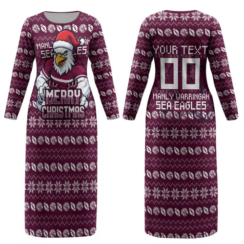 Personalized Sea Eagles Christmas Couples Matching Long Sleeve Bodycon Dress and Long Sleeve Button Shirt Australian Rugby Fans - Pixelated Ugly Xmas Pattern Mascot Santa