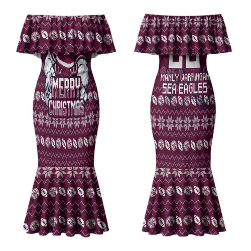 Personalized Sea Eagles Christmas Couples Matching Mermaid Dress and Long Sleeve Button Shirt Australian Rugby Fans - Pixelated Ugly Xmas Pattern Mascot Santa