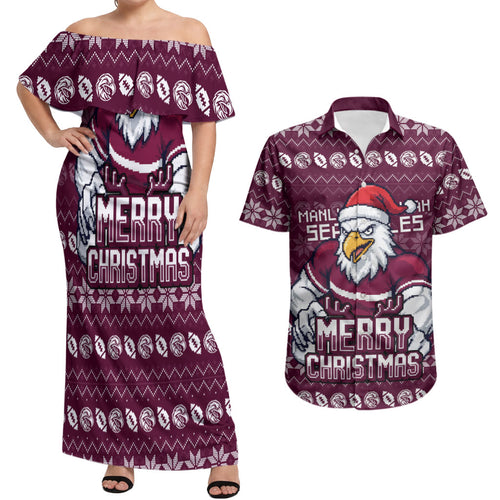 Personalized Sea Eagles Christmas Couples Matching Off Shoulder Maxi Dress and Hawaiian Shirt Australian Rugby Fans - Pixelated Ugly Xmas Pattern Mascot Santa