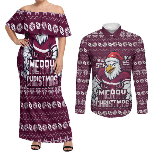 Personalized Sea Eagles Christmas Couples Matching Off Shoulder Maxi Dress and Long Sleeve Button Shirt Australian Rugby Fans - Pixelated Ugly Xmas Pattern Mascot Santa