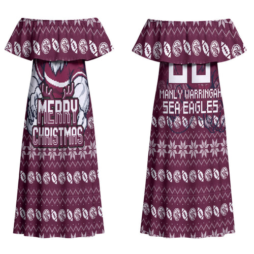 Personalized Sea Eagles Christmas Couples Matching Off Shoulder Maxi Dress and Long Sleeve Button Shirt Australian Rugby Fans - Pixelated Ugly Xmas Pattern Mascot Santa