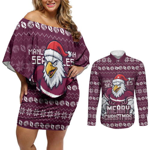 Personalized Sea Eagles Christmas Couples Matching Off Shoulder Short Dress and Long Sleeve Button Shirt Australian Rugby Fans - Pixelated Ugly Xmas Pattern Mascot Santa