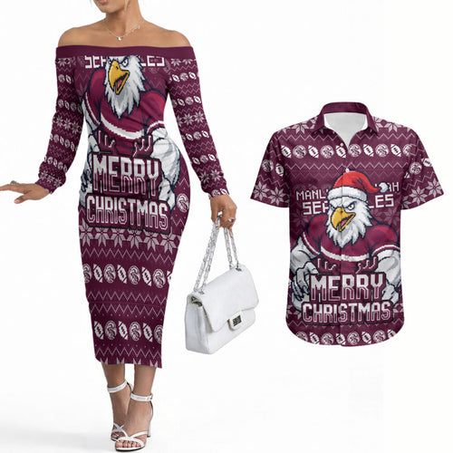 Personalized Sea Eagles Christmas Couples Matching Off The Shoulder Long Sleeve Dress and Hawaiian Shirt Australian Rugby Fans - Pixelated Ugly Xmas Pattern Mascot Santa