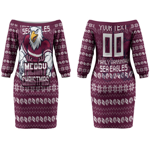 Personalized Sea Eagles Christmas Couples Matching Off The Shoulder Long Sleeve Dress and Hawaiian Shirt Australian Rugby Fans - Pixelated Ugly Xmas Pattern Mascot Santa