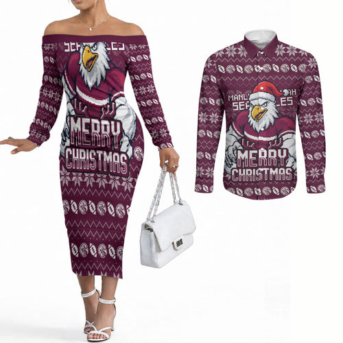 Personalized Sea Eagles Christmas Couples Matching Off The Shoulder Long Sleeve Dress and Long Sleeve Button Shirt Australian Rugby Fans - Pixelated Ugly Xmas Pattern Mascot Santa
