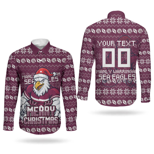 Personalized Sea Eagles Christmas Couples Matching Off The Shoulder Long Sleeve Dress and Long Sleeve Button Shirt Australian Rugby Fans - Pixelated Ugly Xmas Pattern Mascot Santa