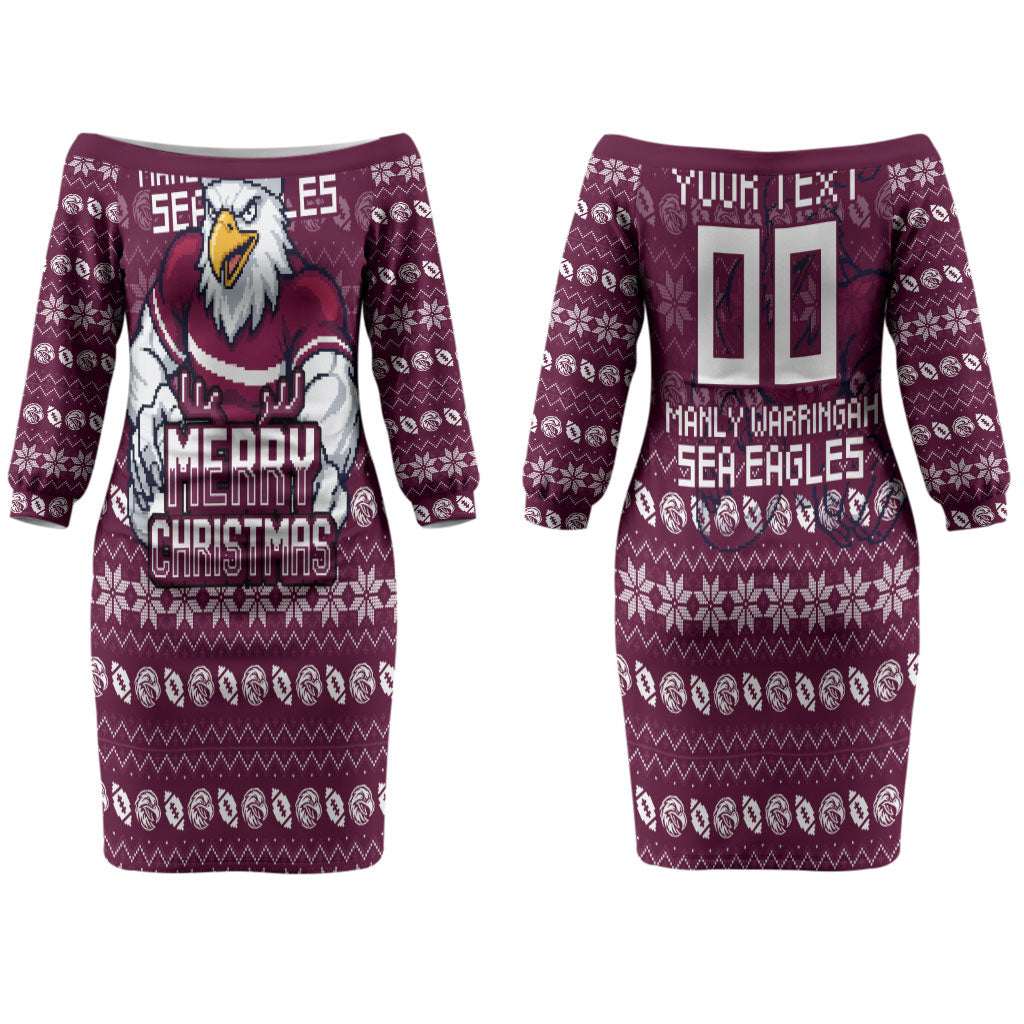 Personalized Sea Eagles Christmas Couples Matching Off The Shoulder Long Sleeve Dress and Long Sleeve Button Shirt Australian Rugby Fans - Pixelated Ugly Xmas Pattern Mascot Santa