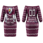 Personalized Sea Eagles Christmas Couples Matching Off The Shoulder Long Sleeve Dress and Long Sleeve Button Shirt Australian Rugby Fans - Pixelated Ugly Xmas Pattern Mascot Santa