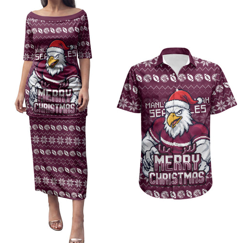 Personalized Sea Eagles Christmas Couples Matching Puletasi and Hawaiian Shirt Australian Rugby Fans - Pixelated Ugly Xmas Pattern Mascot Santa