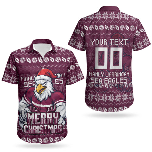 Personalized Sea Eagles Christmas Couples Matching Puletasi and Hawaiian Shirt Australian Rugby Fans - Pixelated Ugly Xmas Pattern Mascot Santa