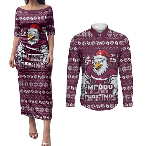 Personalized Sea Eagles Christmas Couples Matching Puletasi and Long Sleeve Button Shirt Australian Rugby Fans - Pixelated Ugly Xmas Pattern Mascot Santa
