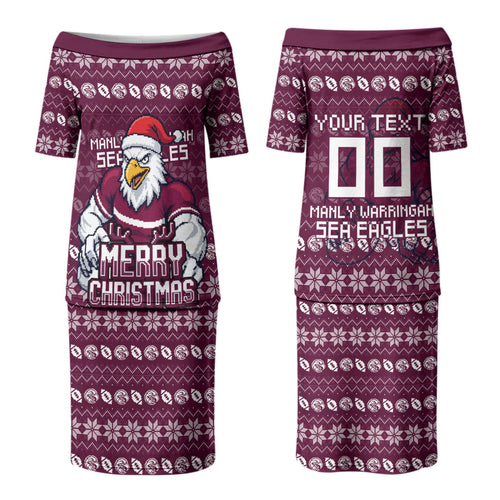 Personalized Sea Eagles Christmas Couples Matching Puletasi and Long Sleeve Button Shirt Australian Rugby Fans - Pixelated Ugly Xmas Pattern Mascot Santa