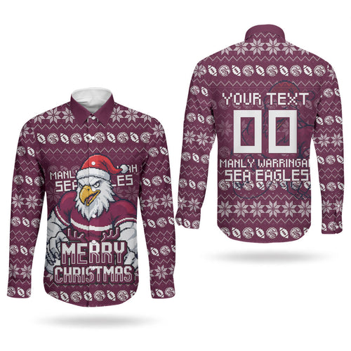 Personalized Sea Eagles Christmas Couples Matching Short Sleeve Bodycon Dress and Long Sleeve Button Shirt Australian Rugby Fans - Pixelated Ugly Xmas Pattern Mascot Santa