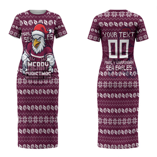 Personalized Sea Eagles Christmas Couples Matching Short Sleeve Bodycon Dress and Long Sleeve Button Shirt Australian Rugby Fans - Pixelated Ugly Xmas Pattern Mascot Santa