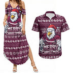 Personalized Sea Eagles Christmas Couples Matching Summer Maxi Dress and Hawaiian Shirt Australian Rugby Fans - Pixelated Ugly Xmas Pattern Mascot Santa