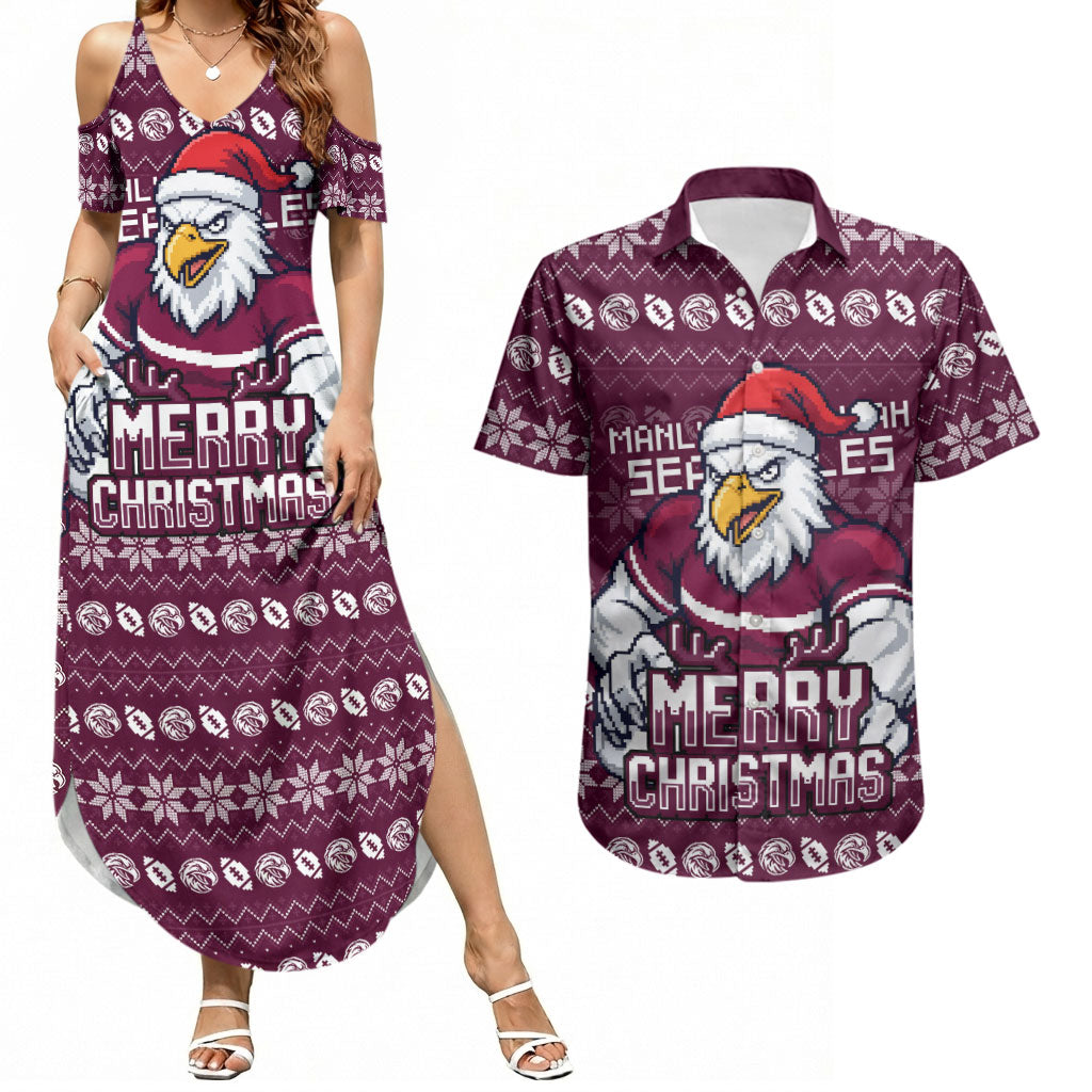Personalized Sea Eagles Christmas Couples Matching Summer Maxi Dress and Hawaiian Shirt Australian Rugby Fans - Pixelated Ugly Xmas Pattern Mascot Santa