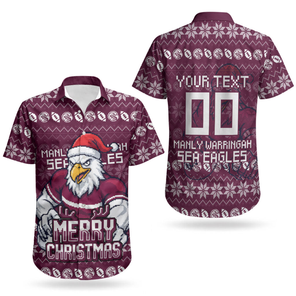 Personalized Sea Eagles Christmas Couples Matching Summer Maxi Dress and Hawaiian Shirt Australian Rugby Fans - Pixelated Ugly Xmas Pattern Mascot Santa
