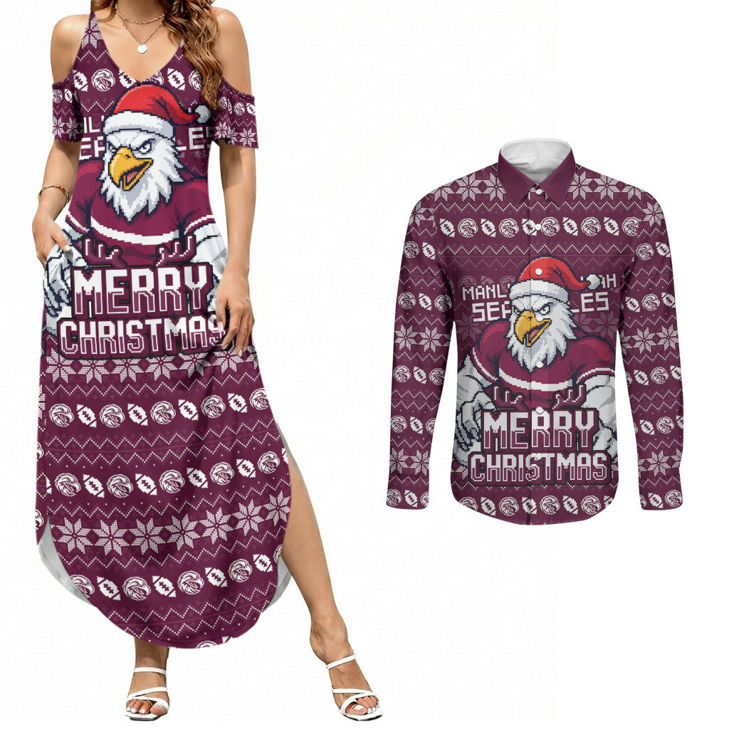 Personalized Sea Eagles Christmas Couples Matching Summer Maxi Dress and Long Sleeve Button Shirt Australian Rugby Fans - Pixelated Ugly Xmas Pattern Mascot Santa