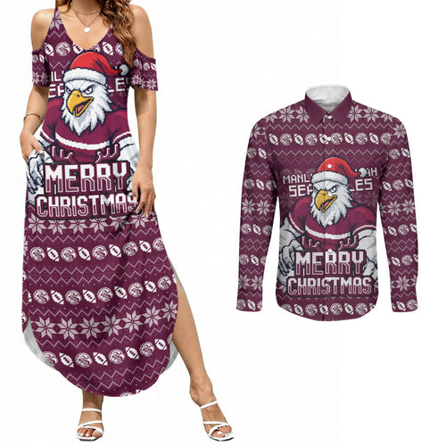 Personalized Sea Eagles Christmas Couples Matching Summer Maxi Dress and Long Sleeve Button Shirt Australian Rugby Fans - Pixelated Ugly Xmas Pattern Mascot Santa
