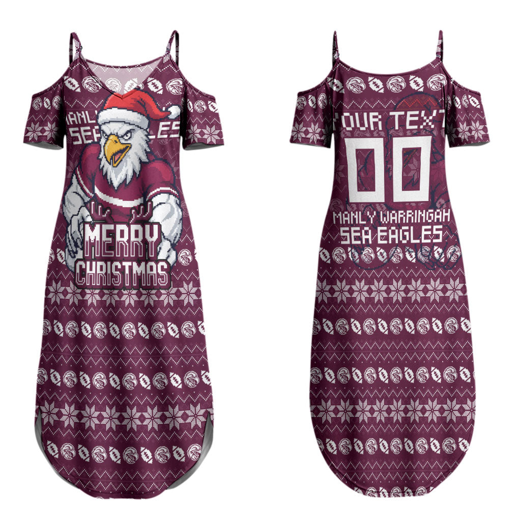 Personalized Sea Eagles Christmas Couples Matching Summer Maxi Dress and Long Sleeve Button Shirt Australian Rugby Fans - Pixelated Ugly Xmas Pattern Mascot Santa