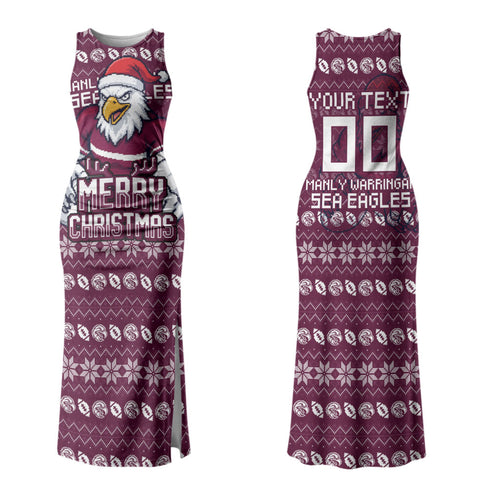 Personalized Sea Eagles Christmas Couples Matching Tank Maxi Dress and Long Sleeve Button Shirt Australian Rugby Fans - Pixelated Ugly Xmas Pattern Mascot Santa