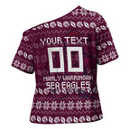 Personalized Sea Eagles Christmas Cross Shoulder Shirt Australian Rugby Fans - Pixelated Ugly Xmas Pattern Mascot Santa