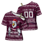 Personalized Sea Eagles Christmas Cross Shoulder Shirt Australian Rugby Fans - Pixelated Ugly Xmas Pattern Mascot Santa