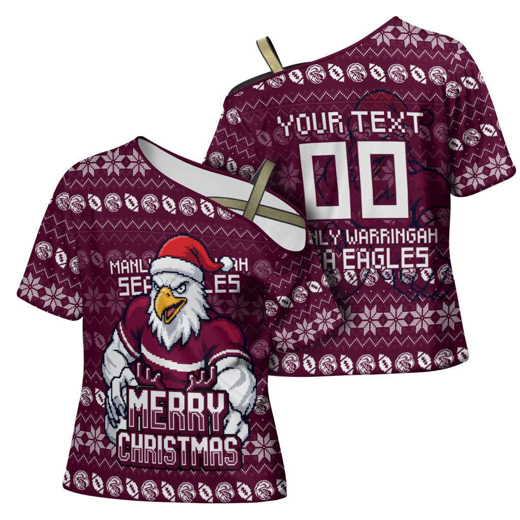 Personalized Sea Eagles Christmas Cross Shoulder Shirt Australian Rugby Fans - Pixelated Ugly Xmas Pattern Mascot Santa