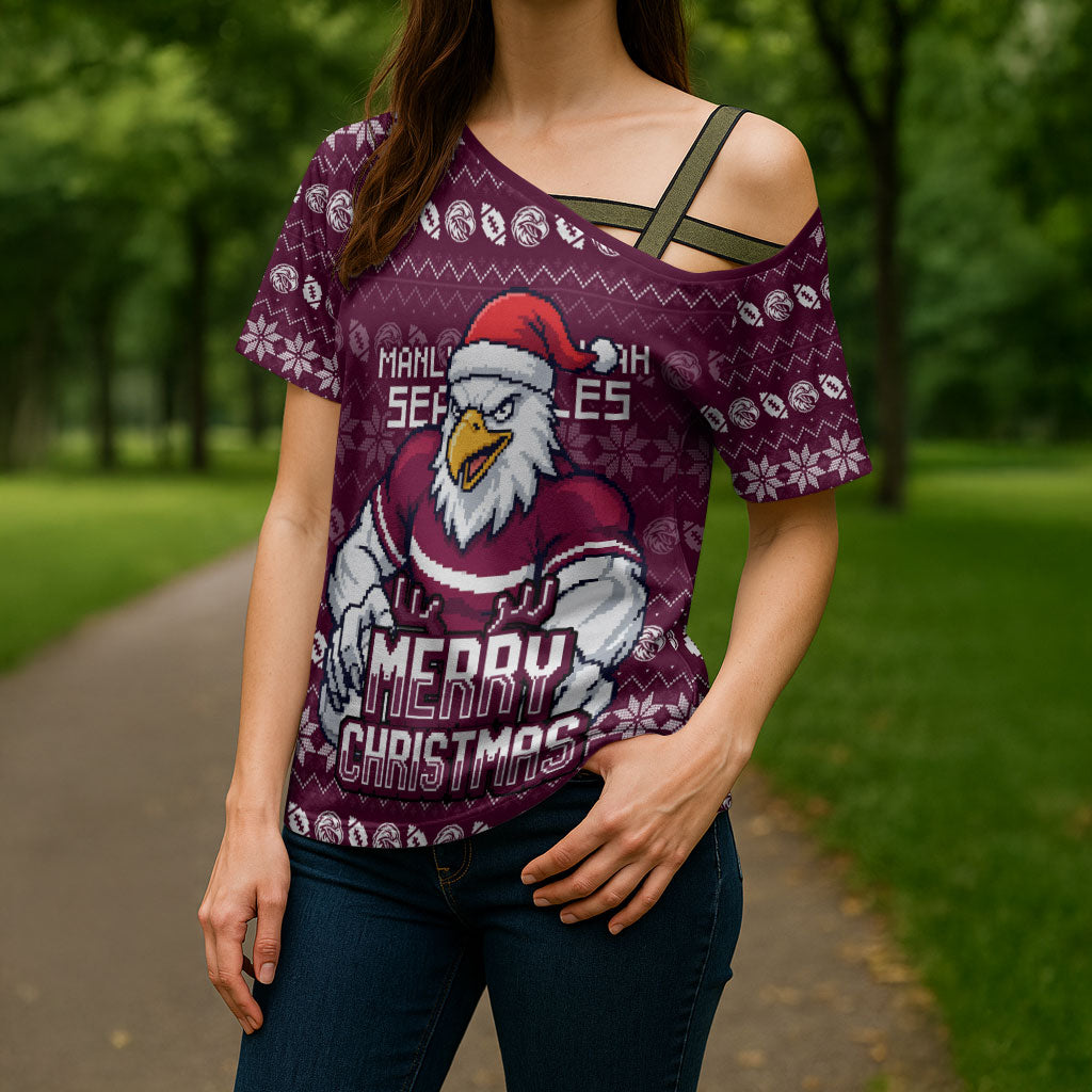 Personalized Sea Eagles Christmas Cross Shoulder Shirt Australian Rugby Fans - Pixelated Ugly Xmas Pattern Mascot Santa