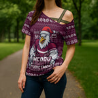 Personalized Sea Eagles Christmas Cross Shoulder Shirt Australian Rugby Fans - Pixelated Ugly Xmas Pattern Mascot Santa