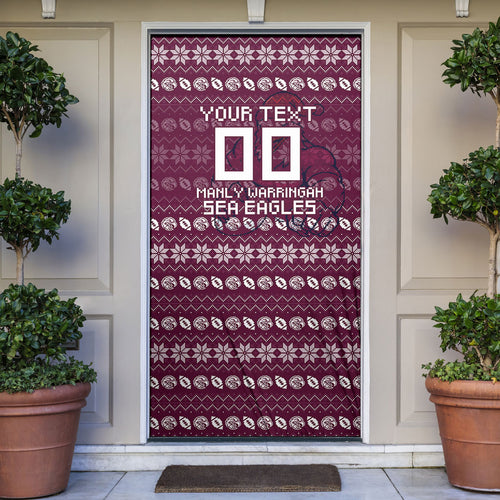 Personalized Sea Eagles Christmas Door Cover Australian Rugby Fans - Pixelated Ugly Xmas Pattern Mascot Santa