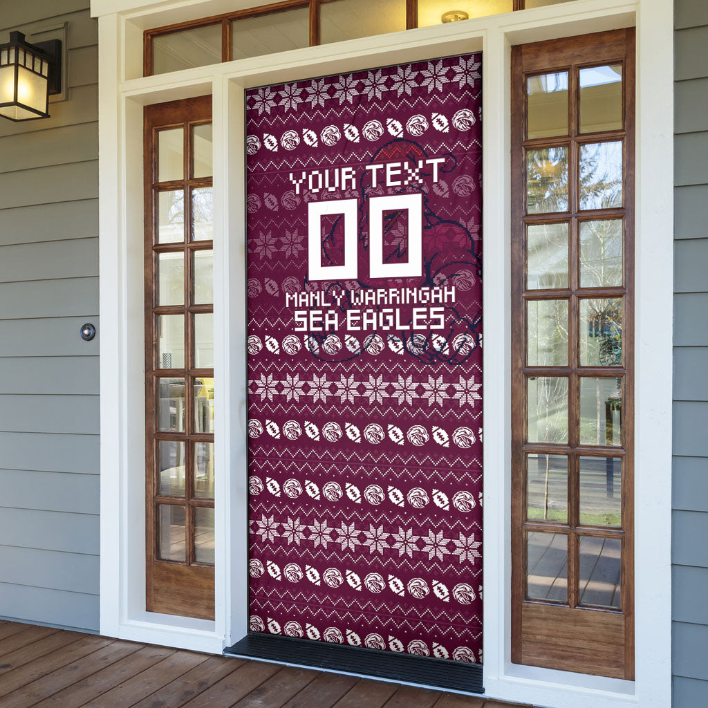 Personalized Sea Eagles Christmas Door Cover Australian Rugby Fans - Pixelated Ugly Xmas Pattern Mascot Santa