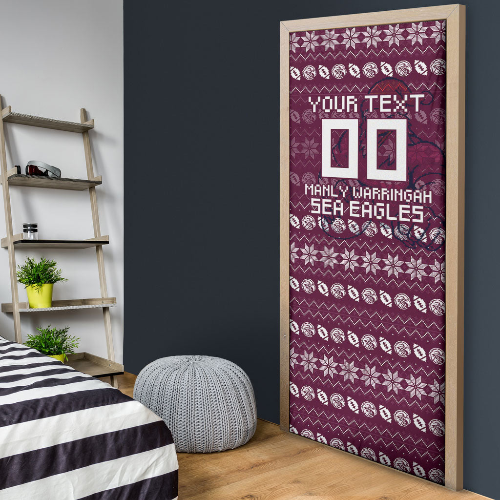 Personalized Sea Eagles Christmas Door Cover Australian Rugby Fans - Pixelated Ugly Xmas Pattern Mascot Santa