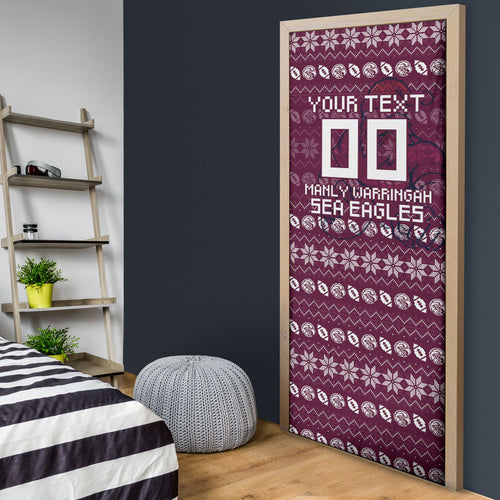 Personalized Sea Eagles Christmas Door Cover Australian Rugby Fans - Pixelated Ugly Xmas Pattern Mascot Santa