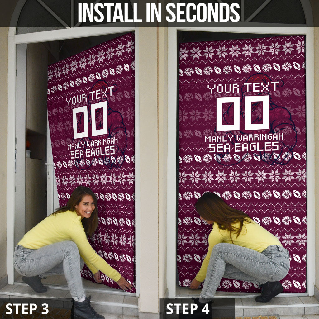 Personalized Sea Eagles Christmas Door Cover Australian Rugby Fans - Pixelated Ugly Xmas Pattern Mascot Santa