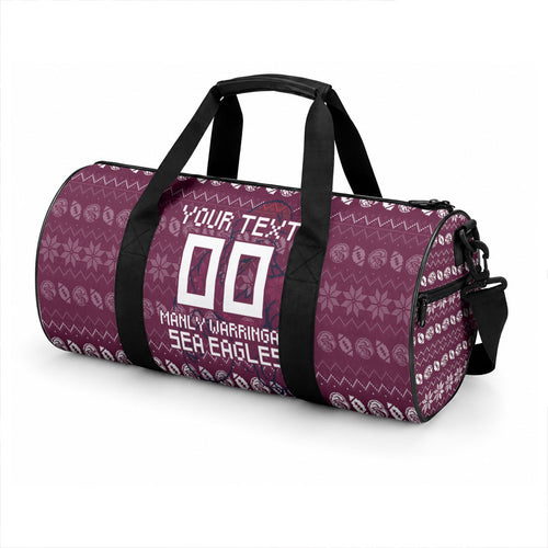 Personalized Sea Eagles Christmas Duffle Bag Australian Rugby Fans - Pixelated Ugly Xmas Pattern Mascot Santa