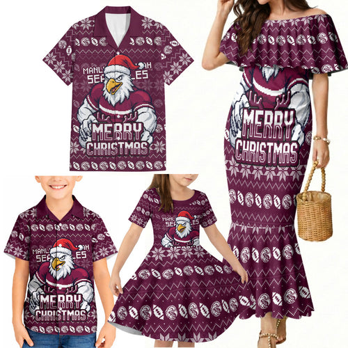 Personalized Sea Eagles Christmas Family Matching Mermaid Dress and Hawaiian Shirt Australian Rugby Fans - Pixelated Ugly Xmas Pattern Mascot Santa