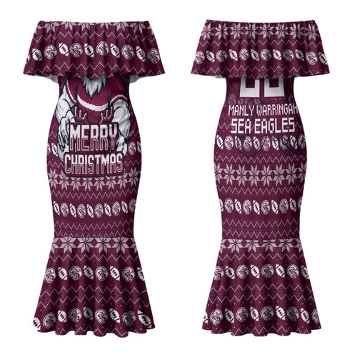 Personalized Sea Eagles Christmas Family Matching Mermaid Dress and Hawaiian Shirt Australian Rugby Fans - Pixelated Ugly Xmas Pattern Mascot Santa