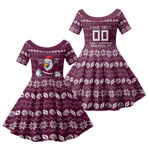 Personalized Sea Eagles Christmas Family Matching Mermaid Dress and Hawaiian Shirt Australian Rugby Fans - Pixelated Ugly Xmas Pattern Mascot Santa