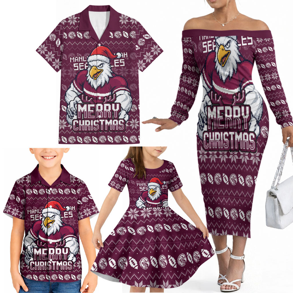 Personalized Sea Eagles Christmas Family Matching Off The Shoulder Long Sleeve Dress and Hawaiian Shirt Australian Rugby Fans - Pixelated Ugly Xmas Pattern Mascot Santa